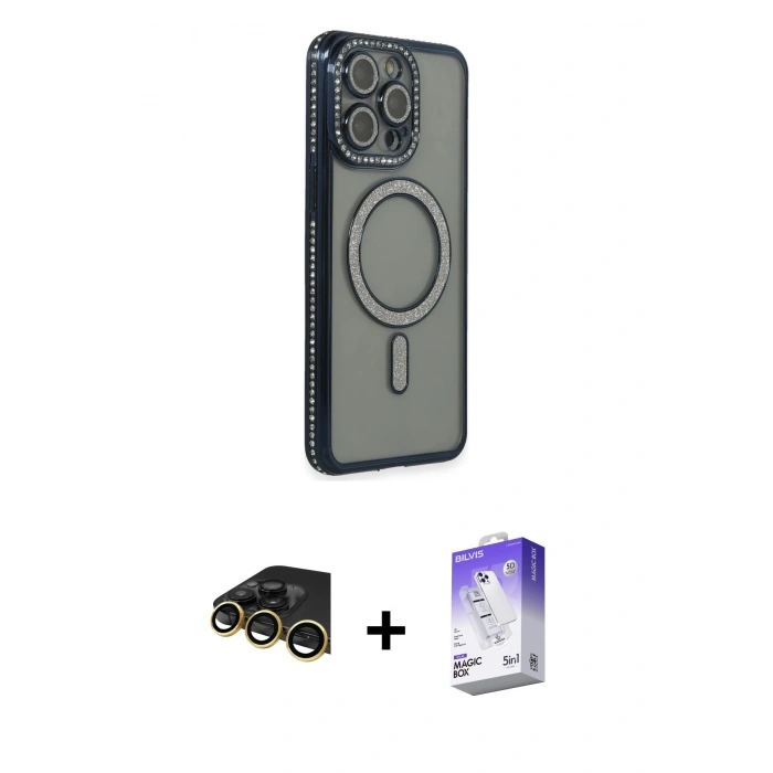 MARSİLYAN™- iPhone 14 Pro Max Kılıf Zirve Doku Prime - Siyah Bilvis 5in1 3D Magic Cam Ekran Koruyucu + Gold Raze Metal Kamera Lens