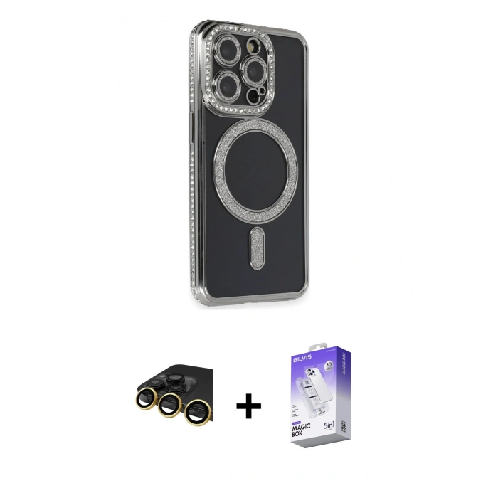 MARSİLYAN™- iPhone 14 Pro Max Kılıf Zirve Doku Prime - Siyah Bilvis 5in1 3D Magic Cam Ekran Koruyucu + Gold Raze Metal Kamera Lens