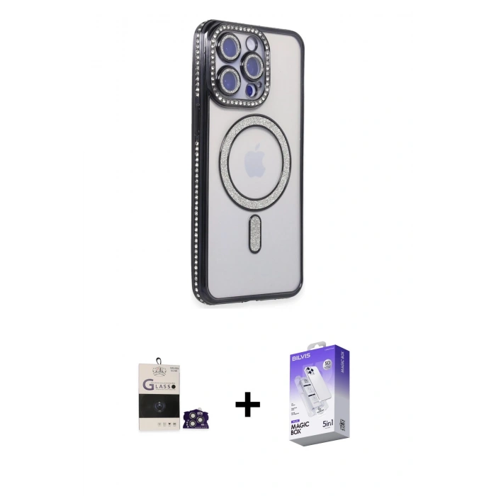 MARSİLYAN™- iPhone 14 Pro Max Kılıf Zirve Doku Prime - Siyah Bilvis 5in1 3D Magic Cam Ekran Koruyucu + Gümüş Bilvis Titan Kamera Lens