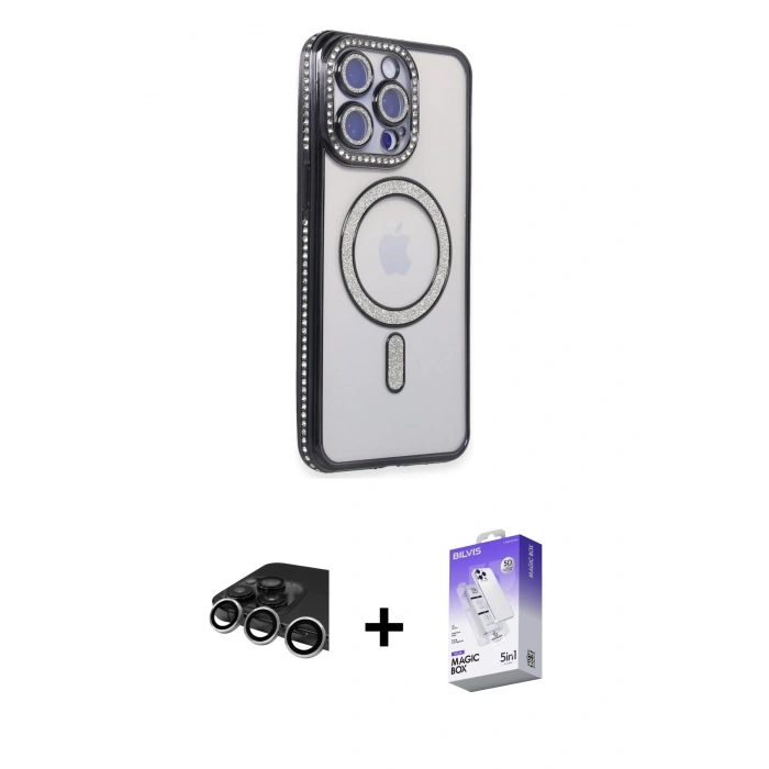 MARSİLYAN™- iPhone 14 Pro Max Kılıf Zirve Doku Prime - Siyah Bilvis 5in1 3D Magic Cam Ekran Koruyucu + Raze Metal Kamera Lens - GS