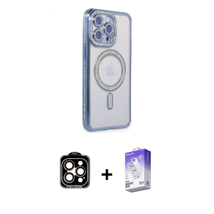 MARSİLYAN™- iPhone 14 Pro Max Kılıf Zirve Doku Prime - Siyah Bilvis 5in1 3D Magic Cam Ekran Koruyucu + PVD Metal Kamera Lens - TU