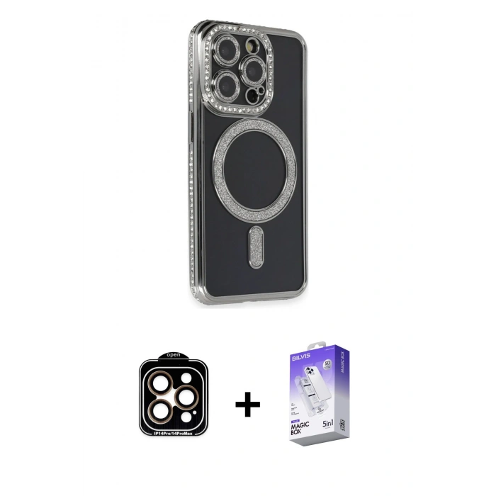 MARSİLYAN™- iPhone 14 Pro Max Kılıf Zirve Doku Prime - Siyah Bilvis 5in1 3D Magic Cam Ekran Koruyucu + PVD Metal Kamera Lens - TU