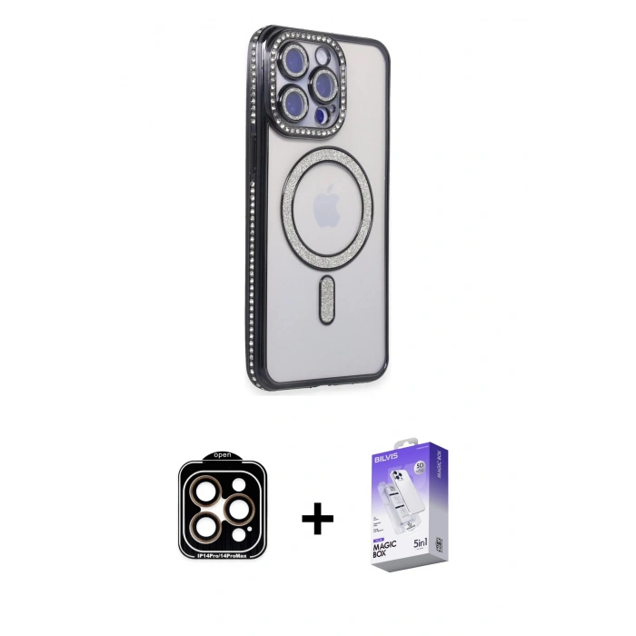 MARSİLYAN™- iPhone 14 Pro Max Kılıf Zirve Doku Prime - Siyah Bilvis 5in1 3D Magic Cam Ekran Koruyucu + PVD Metal Kamera Lens - TU