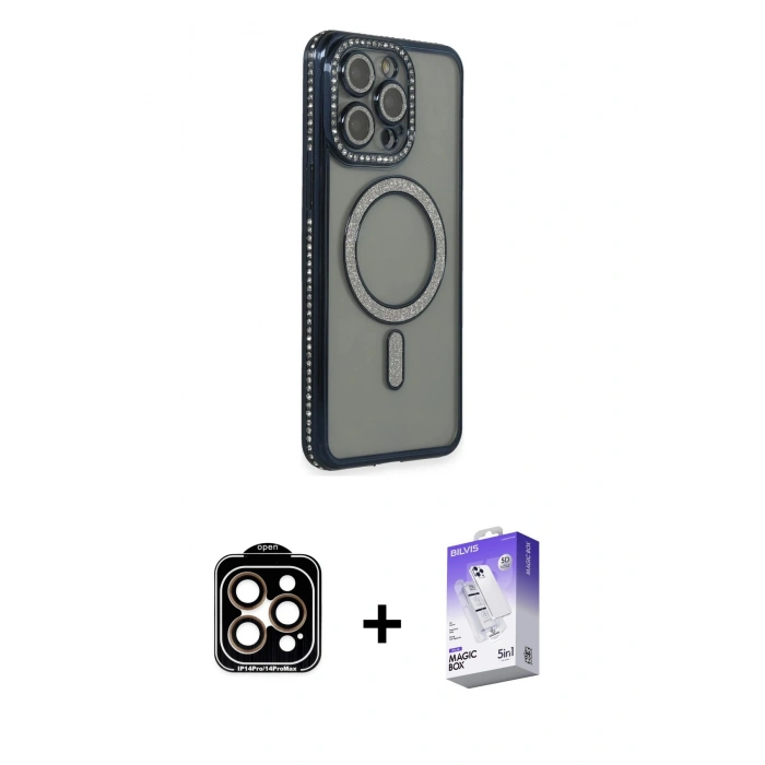 MARSİLYAN™- iPhone 14 Pro Max Kılıf Zirve Doku Prime - Siyah Bilvis 5in1 3D Magic Cam Ekran Koruyucu + PVD Metal Kamera Lens - TU