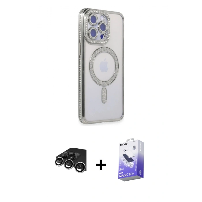 MARSİLYAN™- iPhone 14 Pro Max Kılıf Zirve Doku Prime - Siyah Bilvis 5in1 5D Magic Hayalet Cam Ekran Koruyucu + Gümüş Raze Metal Kamera Lens