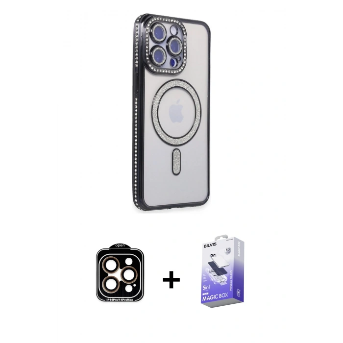 MARSİLYAN™- iPhone 14 Pro Max Kılıf Zirve Doku Prime - Siyah Bilvis 5in1 5D Magic Hayalet Cam Ekran Koruyucu + PVD Metal Kamera Lens - TU
