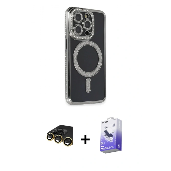 MARSİLYAN™- iPhone 14 Pro Max Kılıf Zirve Doku Prime - Siyah Bilvis 5in1 5D Magic Hayalet Cam Ekran Koruyucu + Raze Metal Kamera Lens - GD