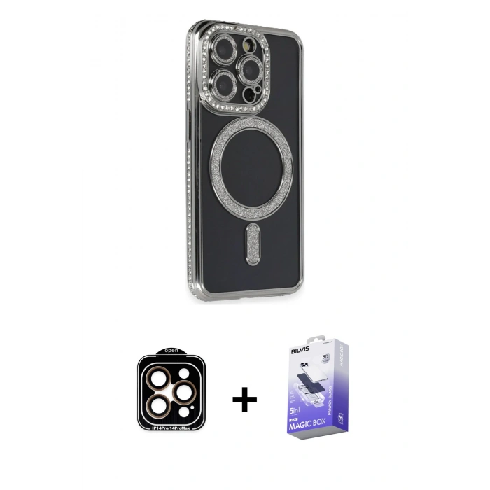 MARSİLYAN™- iPhone 14 Pro Max Kılıf Zirve Doku Prime - Siyah Bilvis 5in1 5D Magic Hayalet Cam Ekran Koruyucu + PVD Metal Kamera Lens - TU