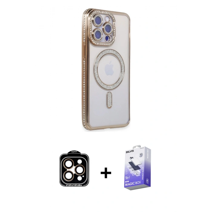 MARSİLYAN™- iPhone 14 Pro Max Kılıf Zirve Doku Prime - Siyah Bilvis 5in1 5D Magic Hayalet Cam Ekran Koruyucu + PVD Metal Kamera Lens - TU