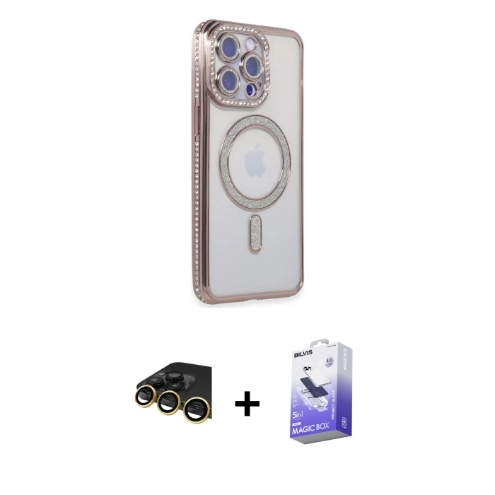 MARSİLYAN™- iPhone 14 Pro Max Kılıf Zirve Doku Prime - Siyah Bilvis 5in1 5D Magic Hayalet Cam Ekran Koruyucu + Raze Metal Kamera Lens - GD