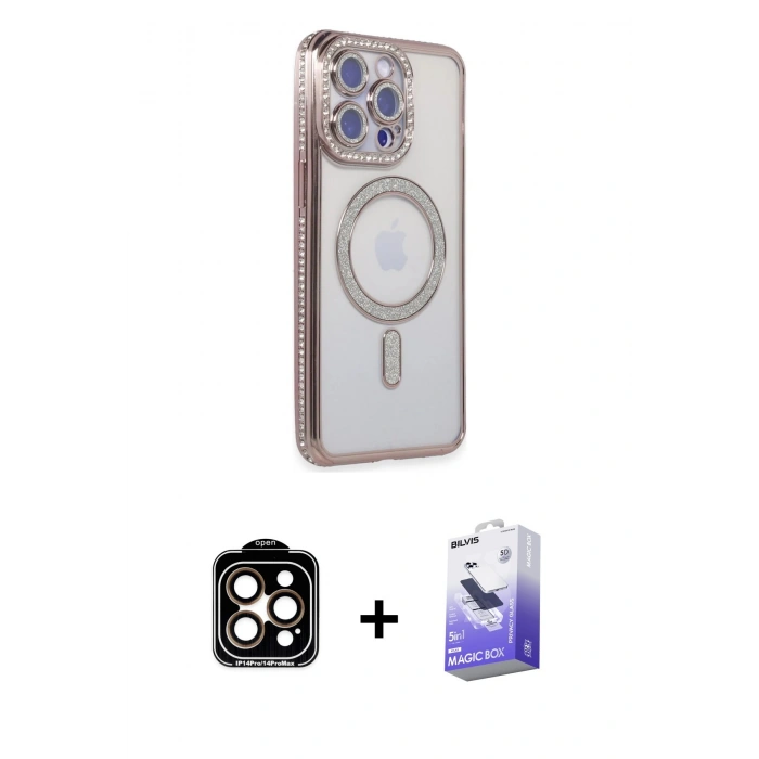 MARSİLYAN™- iPhone 14 Pro Max Kılıf Zirve Doku Prime - Siyah Bilvis 5in1 5D Magic Hayalet Cam Ekran Koruyucu + PVD Metal Kamera Lens - TU