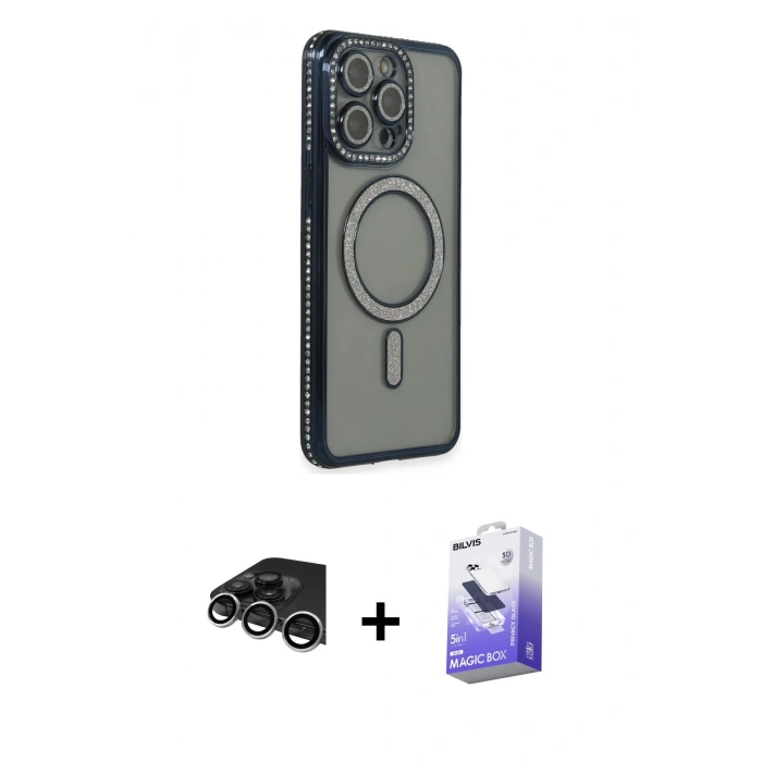 MARSİLYAN™- iPhone 14 Pro Max Kılıf Zirve Doku Prime - Siyah Bilvis 5in1 5D Magic Hayalet Cam Ekran Koruyucu + Gümüş Raze Metal Kamera Lens