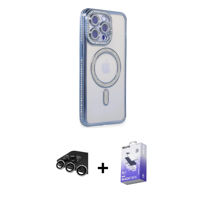 MARSİLYAN™- iPhone 14 Pro Max Kılıf Zirve Doku Prime - Siyah Bilvis 5in1 5D Magic Hayalet Cam Ekran Koruyucu + Gümüş Raze Metal Kamera Lens
