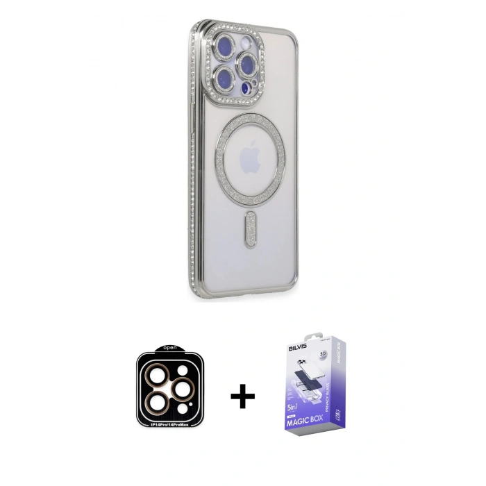 MARSİLYAN™- iPhone 14 Pro Max Kılıf Zirve Doku Prime - Siyah Bilvis 5in1 5D Magic Hayalet Cam Ekran Koruyucu + PVD Metal Kamera Lens - TU
