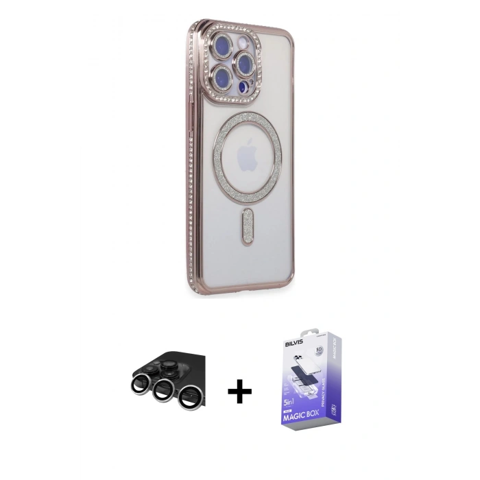 MARSİLYAN™- iPhone 14 Pro Max Kılıf Zirve Doku Prime - Siyah Bilvis 5in1 5D Magic Hayalet Cam Ekran Koruyucu + Gümüş Raze Metal Kamera Lens