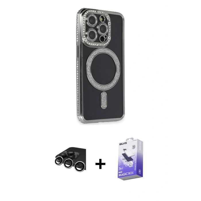 MARSİLYAN™- iPhone 14 Pro Max Kılıf Zirve Doku Prime - Siyah Bilvis 5in1 5D Magic Hayalet Cam Ekran Koruyucu + Gümüş Raze Metal Kamera Lens