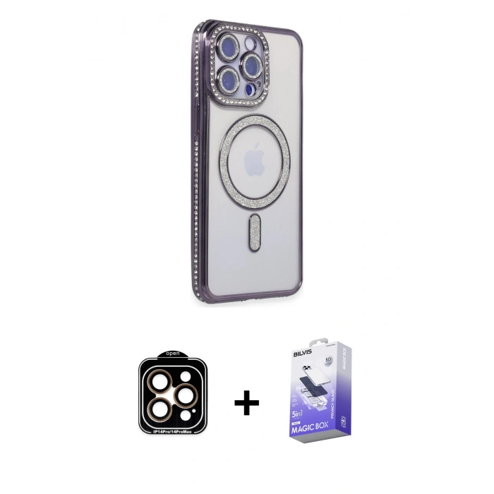 MARSİLYAN™- iPhone 14 Pro Max Kılıf Zirve Doku Prime - Siyah Bilvis 5in1 5D Magic Hayalet Cam Ekran Koruyucu + PVD Metal Kamera Lens - TU