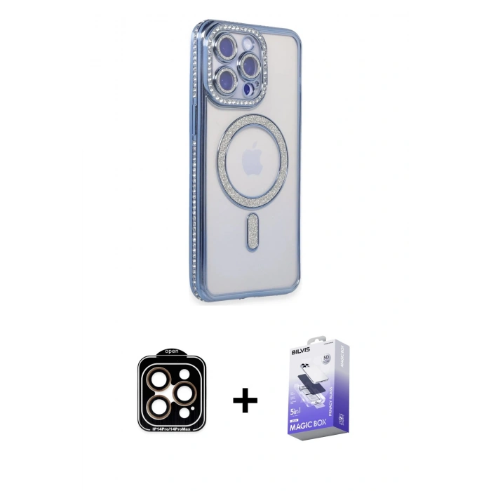 MARSİLYAN™- iPhone 14 Pro Max Kılıf Zirve Doku Prime - Siyah Bilvis 5in1 5D Magic Hayalet Cam Ekran Koruyucu + PVD Metal Kamera Lens - TU
