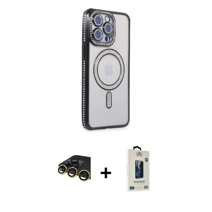 MARSİLYAN™- iPhone 14 Pro Max Kılıf Zirve Doku Prime - Siyah Bilvis Hayalet Cam Ekran Koruyucu + Raze Metal Kamera Lens - GD