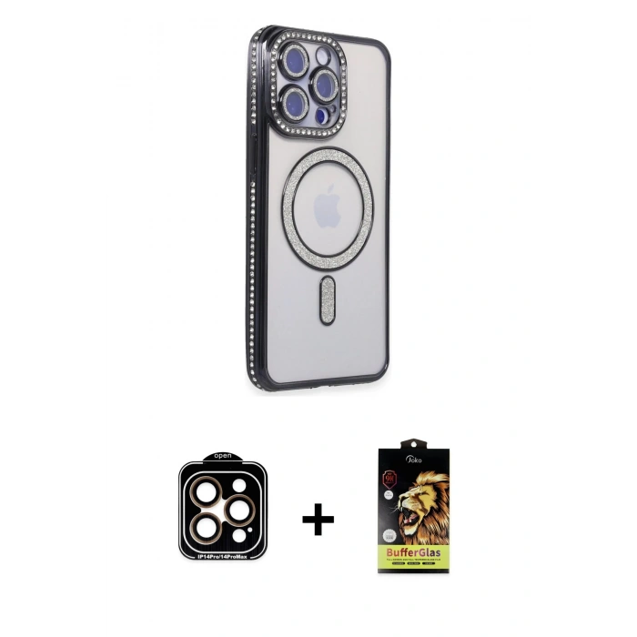 MARSİLYAN™- iPhone 14 Pro Max Kılıf Zirve Doku Prime - Siyah Buffer Cam Ekran Koruyucu + PVD Metal Kamera Lens - TU
