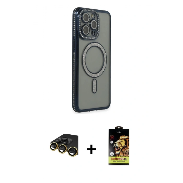 MARSİLYAN™- iPhone 14 Pro Max Kılıf Zirve Doku Prime - Siyah Buffer Cam Ekran Koruyucu + Raze Metal Kamera Lens - GD