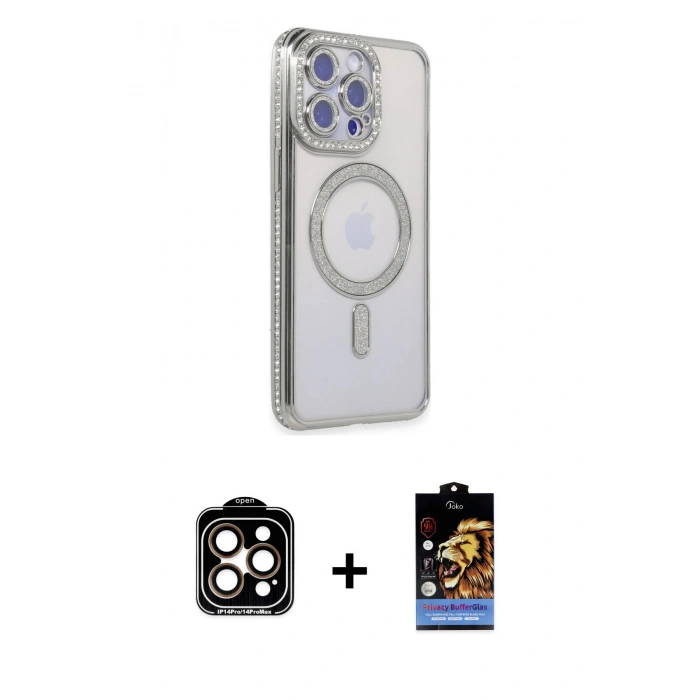 MARSİLYAN™- iPhone 14 Pro Max Kılıf Zirve Doku Prime - Siyah Buffer Hayalet Cam Ekran Koruyucu + PVD Metal Kamera Lens - TU