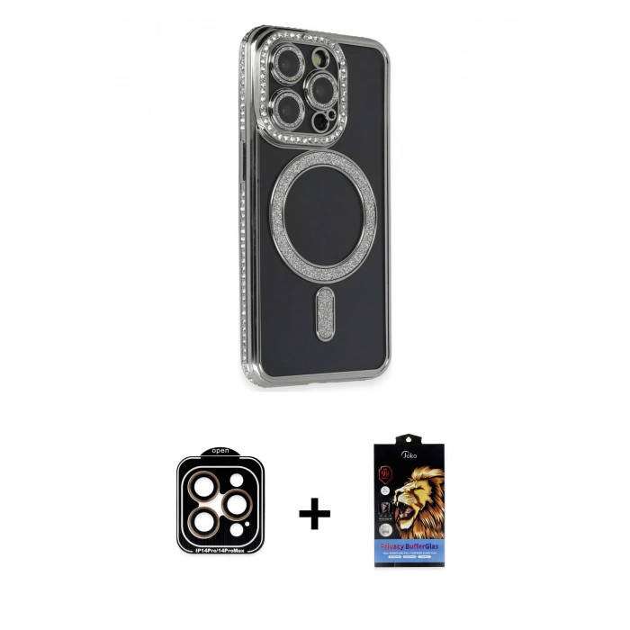 MARSİLYAN™- iPhone 14 Pro Max Kılıf Zirve Doku Prime - Siyah Buffer Hayalet Cam Ekran Koruyucu + PVD Metal Kamera Lens - TU