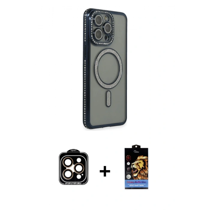 MARSİLYAN™- iPhone 14 Pro Max Kılıf Zirve Doku Prime - Siyah Buffer Hayalet Cam Ekran Koruyucu + PVD Metal Kamera Lens - TU