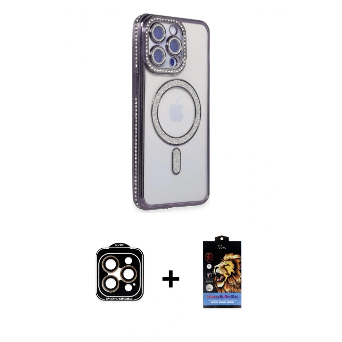 MARSİLYAN™- iPhone 14 Pro Max Kılıf Zirve Doku Prime - Siyah Buffer Hayalet Cam Ekran Koruyucu + PVD Metal Kamera Lens - TU