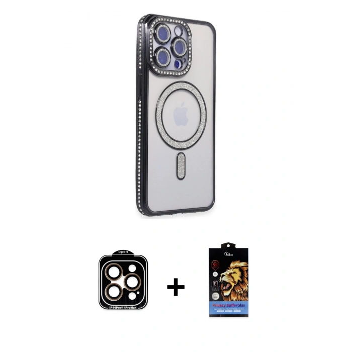 MARSİLYAN™- iPhone 14 Pro Max Kılıf Zirve Doku Prime - Siyah Buffer Hayalet Cam Ekran Koruyucu + PVD Metal Kamera Lens - TU