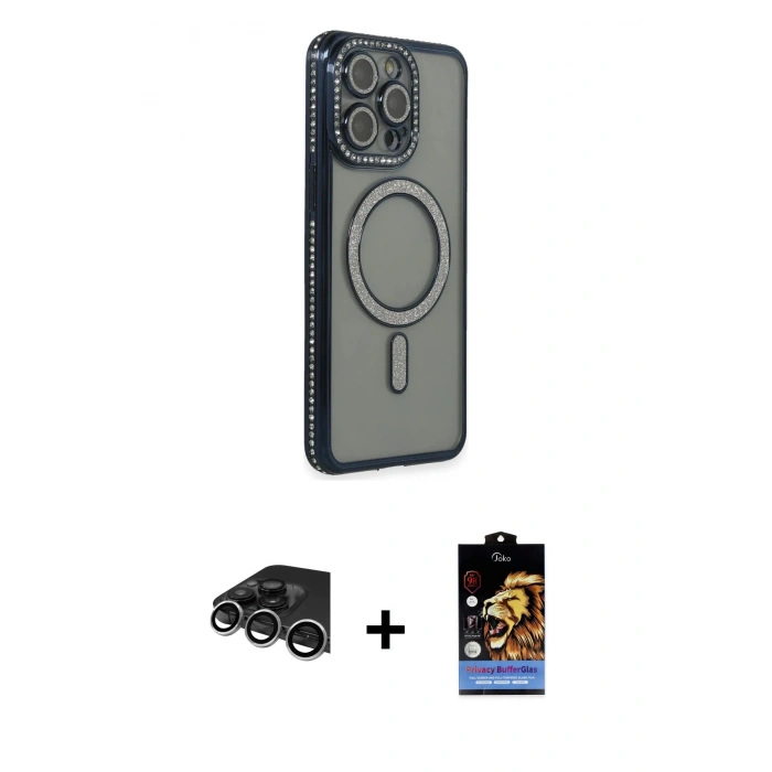 MARSİLYAN™- iPhone 14 Pro Max Kılıf Zirve Doku Prime - Siyah Buffer Hayalet Cam Ekran Koruyucu + Raze Metal Kamera Lens - GS