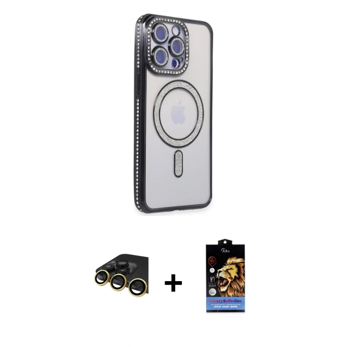 MARSİLYAN™- iPhone 14 Pro Max Kılıf Zirve Doku Prime - Siyah Buffer Hayalet Cam Ekran Koruyucu + Raze Metal Kamera Lens - GD