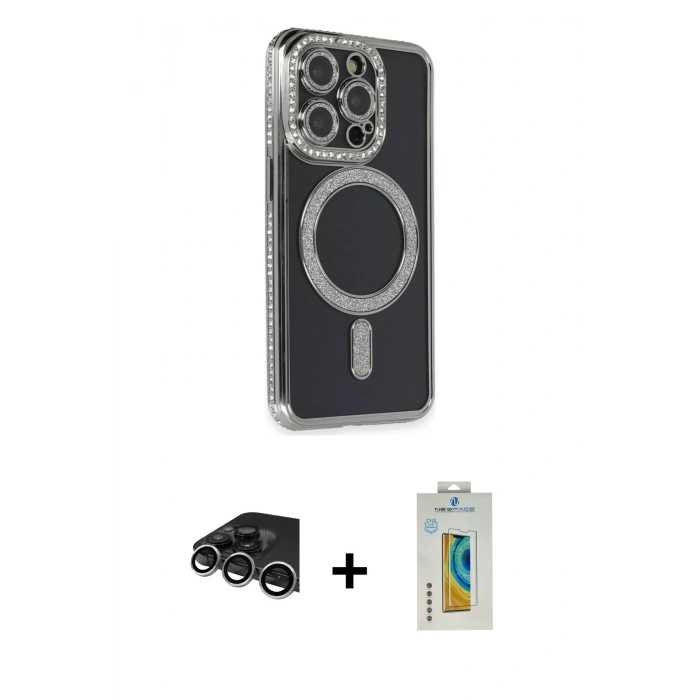 MARSİLYAN™- iPhone 14 Pro Max Kılıf Zirve Doku Prime - Siyah Polymer Nano Ekran Koruyucu + Gümüş Raze Metal Kamera Lens
