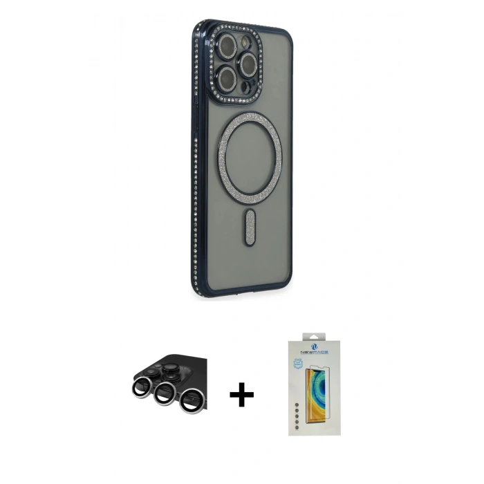 MARSİLYAN™- iPhone 14 Pro Max Kılıf Zirve Doku Prime - Siyah Polymer Nano Ekran Koruyucu + Gümüş Raze Metal Kamera Lens