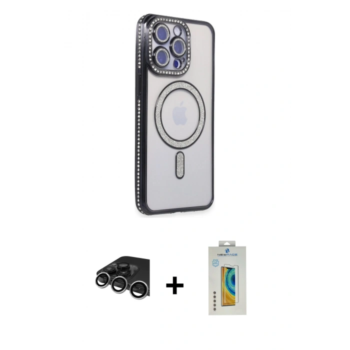 MARSİLYAN™- iPhone 14 Pro Max Kılıf Zirve Doku Prime - Siyah Polymer Nano Ekran Koruyucu + Gümüş Raze Metal Kamera Lens
