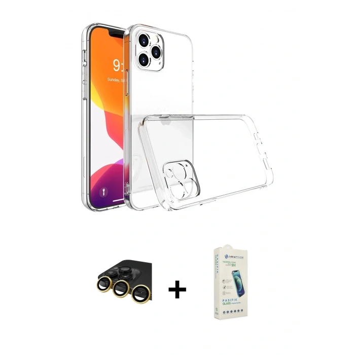 MARSİLYAN™- iPhone 14 Pro Max Kılıf Zirve Doku - Şeffaf Pasifik Cam Ekran Koruyucu + Raze Metal Kamera Lens - GD
