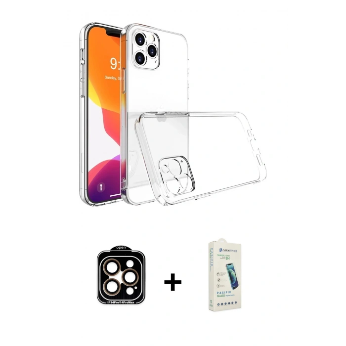 MARSİLYAN™- iPhone 14 Pro Max Kılıf Zirve Doku - Şeffaf Pasifik Cam Ekran Koruyucu + PVD Metal Kamera Lens - TU