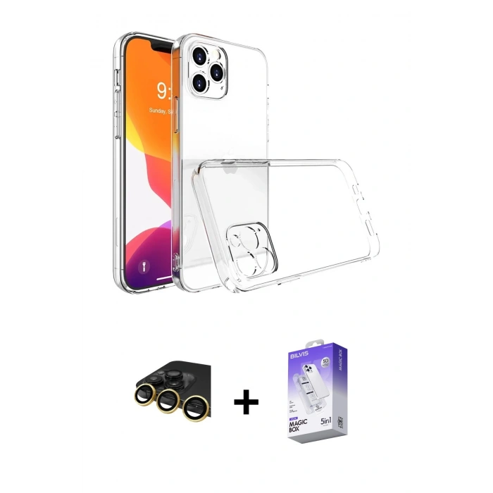 MARSİLYAN™- iPhone 14 Pro Max Kılıf Zirve Doku - Siyah Bilvis 5in1 3D Magic Cam Ekran Koruyucu + Raze Metal Kamera Lens - GD