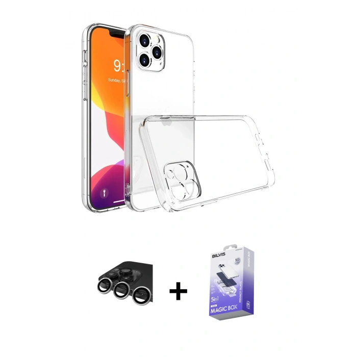 MARSİLYAN™- iPhone 14 Pro Max Kılıf Zirve Doku - Siyah Bilvis 5in1 5D Magic Hayalet Cam Ekran Koruyucu + Raze Metal Kamera Lens - GS