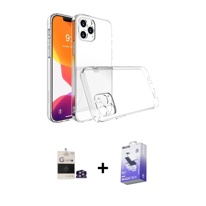MARSİLYAN™- iPhone 14 Pro Max Kılıf Zirve Doku - Siyah Bilvis 5in1 5D Magic Hayalet Cam Ekran Koruyucu + Bilvis Titan Kamera Lens - GS