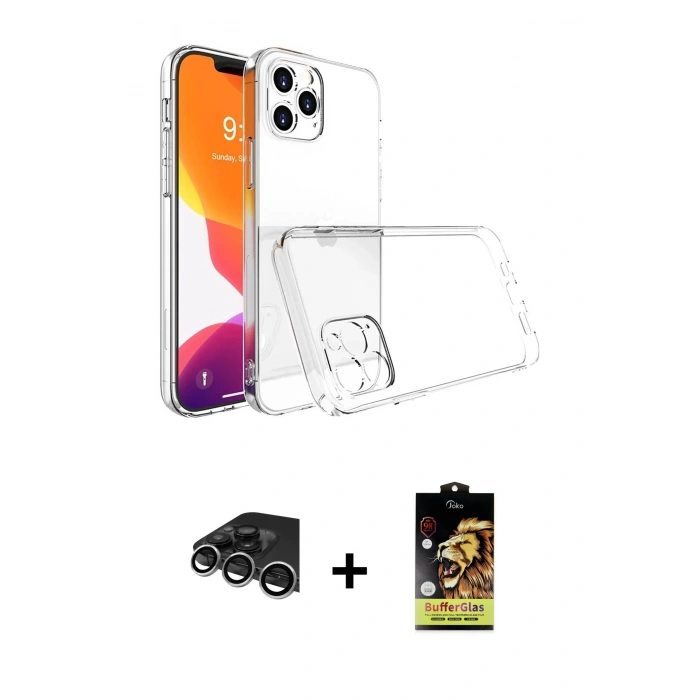 MARSİLYAN™- iPhone 14 Pro Max Kılıf Zirve Doku - Siyah Buffer Cam Ekran Koruyucu + Gümüş Raze Metal Kamera Lens
