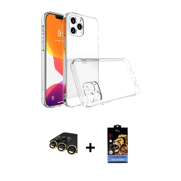 MARSİLYAN™- iPhone 14 Pro Max Kılıf Zirve Doku - Siyah Buffer Hayalet Cam Ekran Koruyucu + Raze Metal Kamera Lens - GD