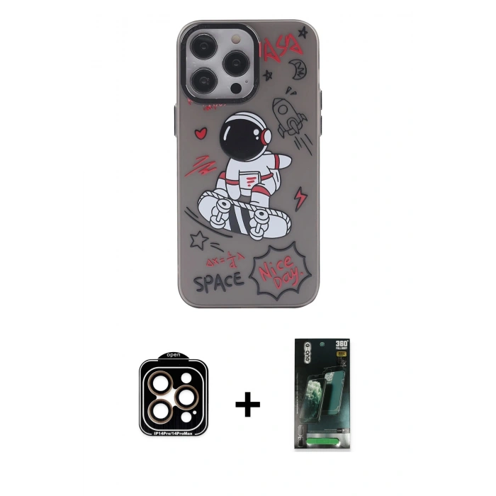MARSİLYAN™- iPhone 14 Pro Max Kılıf Zirve Form Özel Seri - Şeffaf 360 Full Body Arka Koruyucu + PVD Metal Kamera Lens - TU