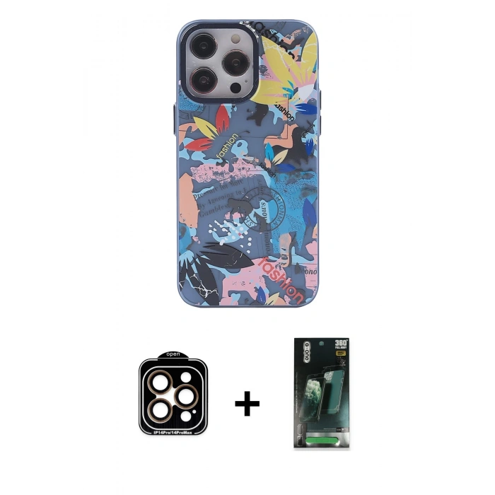 MARSİLYAN™- iPhone 14 Pro Max Kılıf Zirve Form Özel Seri - Şeffaf 360 Full Body Arka Koruyucu + PVD Metal Kamera Lens - TU
