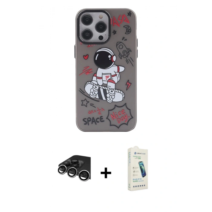 MARSİLYAN™- iPhone 14 Pro Max Kılıf Zirve Form Özel Seri - Şeffaf Pasifik Cam Ekran Koruyucu + Gümüş Raze Metal Kamera Lens