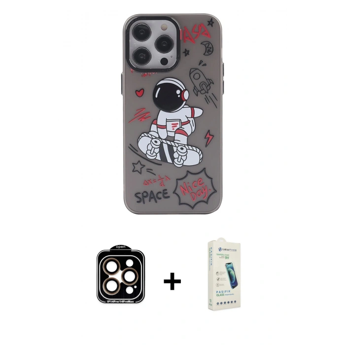 MARSİLYAN™- iPhone 14 Pro Max Kılıf Zirve Form Özel Seri - Şeffaf Pasifik Cam Ekran Koruyucu + PVD Metal Kamera Lens - TU