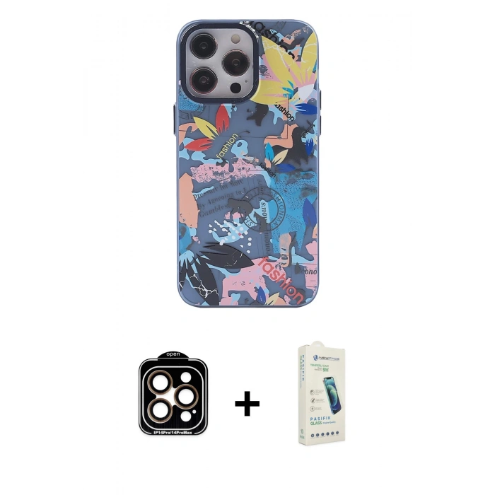 MARSİLYAN™- iPhone 14 Pro Max Kılıf Zirve Form Özel Seri - Şeffaf Pasifik Cam Ekran Koruyucu + PVD Metal Kamera Lens - TU