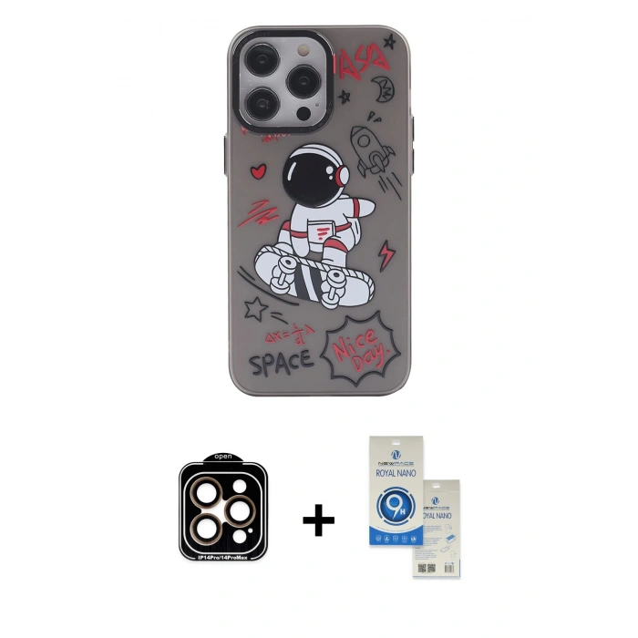 MARSİLYAN™- iPhone 14 Pro Max Kılıf Zirve Form Özel Seri - Şeffaf Royal Nano Ekran Koruyucu + PVD Metal Kamera Lens - TU