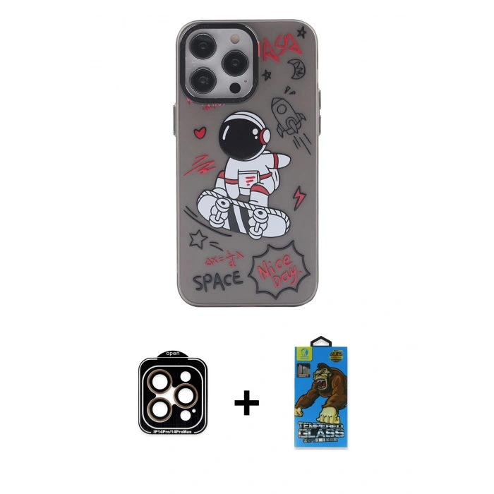 MARSİLYAN™- iPhone 14 Pro Max Kılıf Zirve Form Özel Seri - Siyah 18D Cam Ekran Koruyucu + PVD Metal Kamera Lens - TU