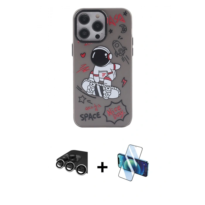 MARSİLYAN™- iPhone 14 Pro Max Kılıf Zirve Form Özel Seri - Siyah 3D Antistatik Cam Ekran Koruyucu + Gümüş Raze Metal Kamera Lens